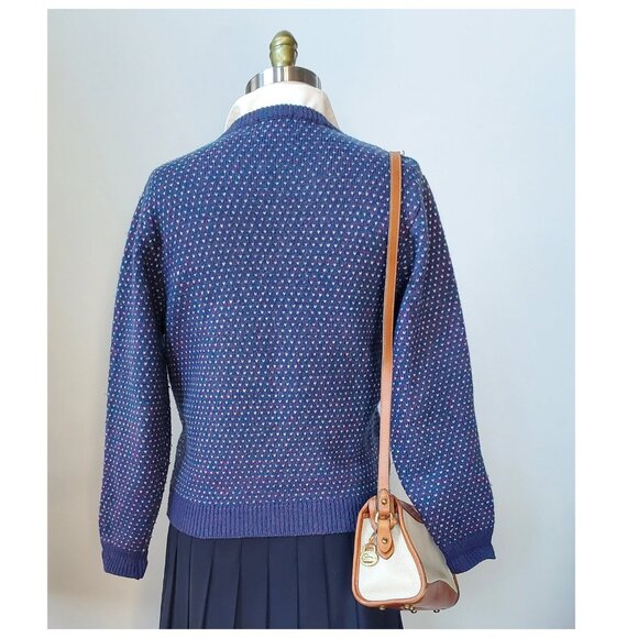 80's Woolrich Woman Blue Teal and Magenta Wool Bird's Eye Fisherman Cardigan M - Picture 5 of 5